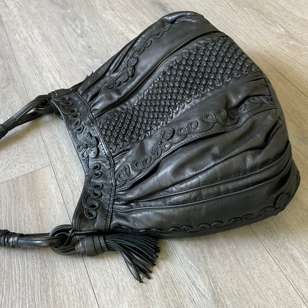 LOCKHEART Rare Black Leather Bag Floral Details